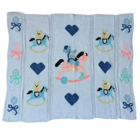 Vintage Baby Blanket Hand Knit Handmade Rocking Horse Hearts Heirloom Nursery 33 - Picture 1 of 5